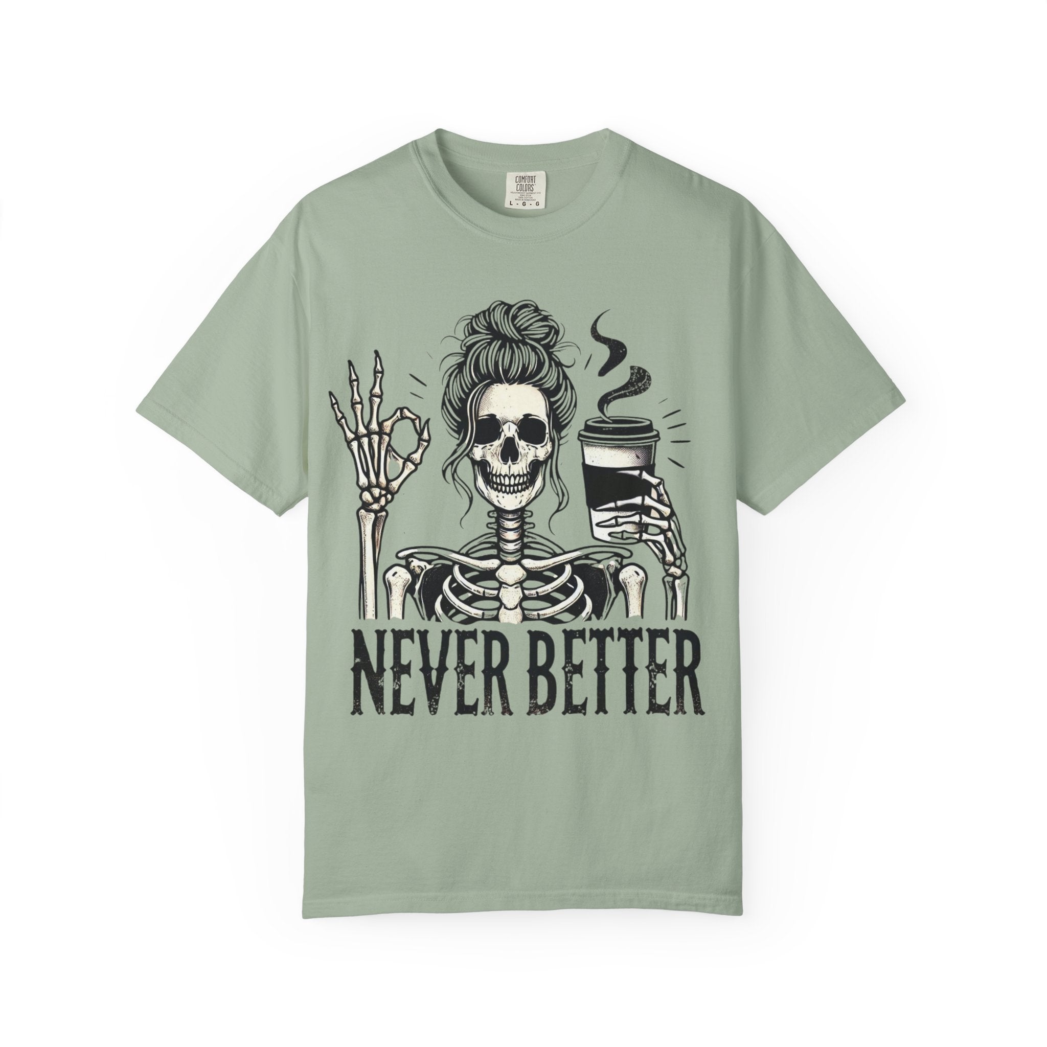 Skeleton Coffee Unisex Garment-Dyed T-shirt, Casual Tee, Graphic Shirt, Halloween Gift, Fall Fashion, Everyday Wear