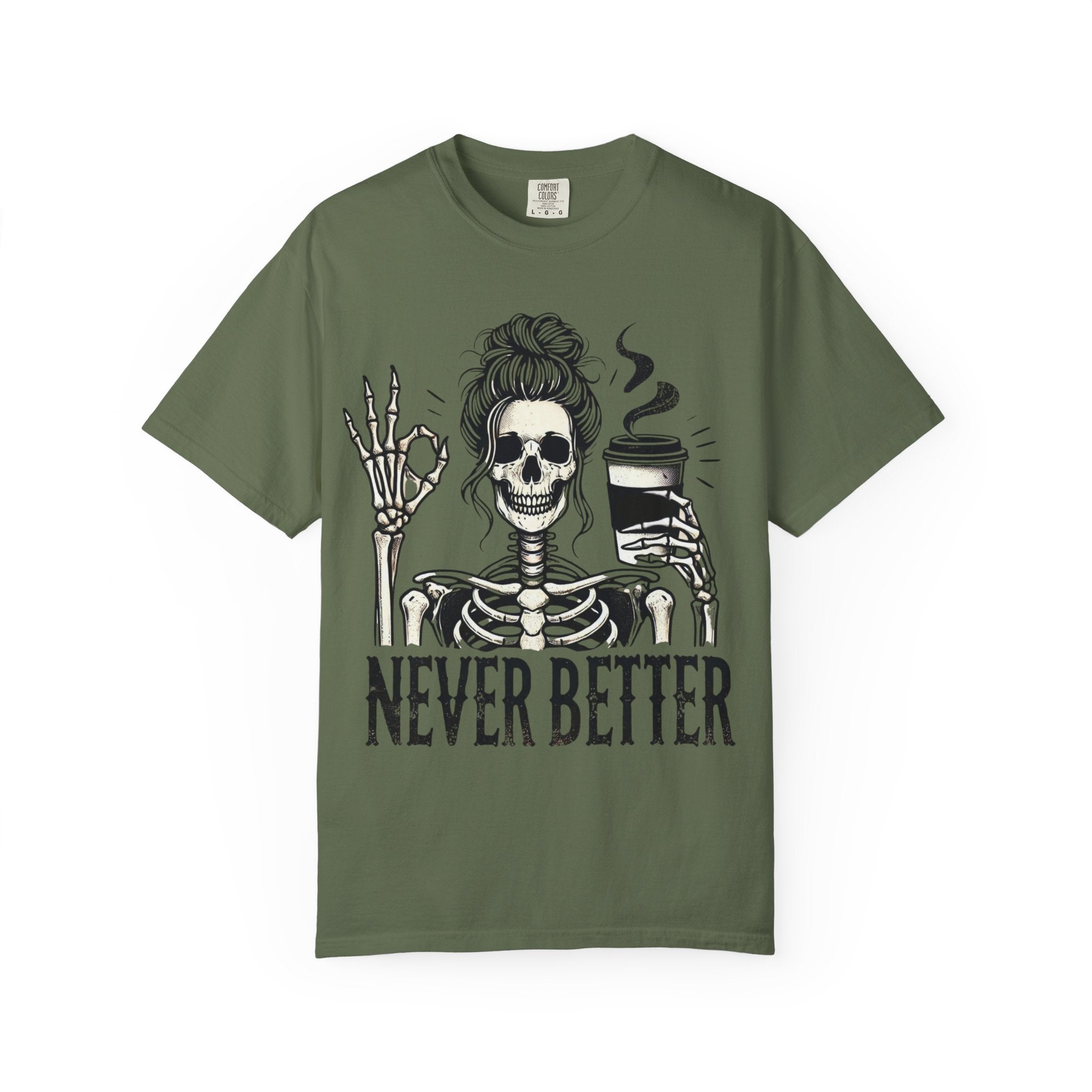 Skeleton Coffee Unisex Garment-Dyed T-shirt, Casual Tee, Graphic Shirt, Halloween Gift, Fall Fashion, Everyday Wear
