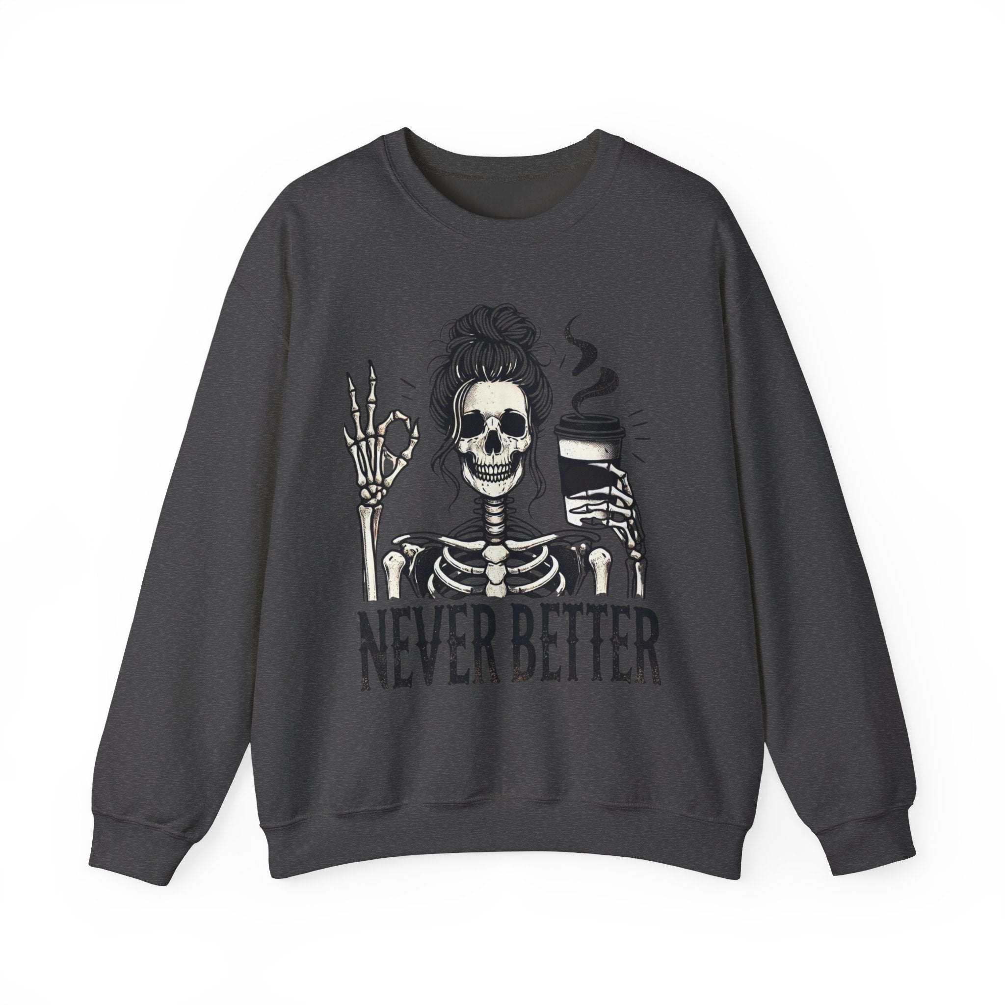 Fun Skeleton Coffee Sweatshirt, Cozy Halloween Apparel, Unisex Sweatshirt Gift, Fall Fashion, Trendy Crewneck